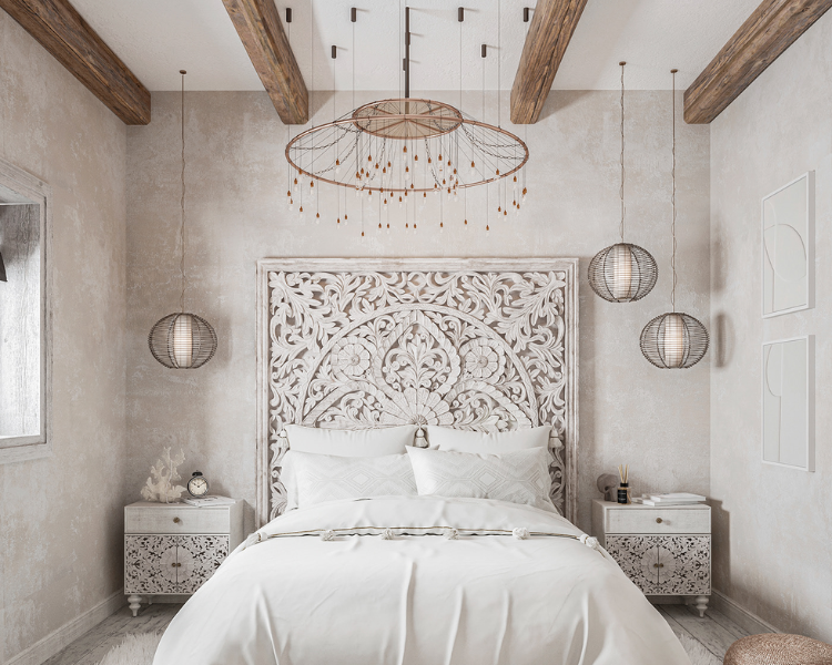Một mẫu phòng ngủ được trang trí bắt mắt với trần thạch cao trơn màu trắng, cùng concept với thiết kế và nội nhất của căn phòng