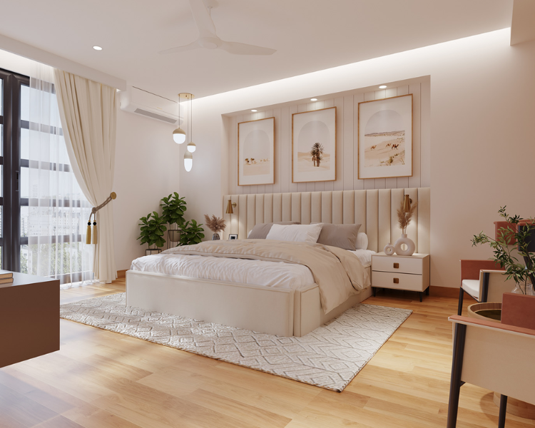 Thiết kế phòng ngủ theo phong cách đơn giản, với gam màu sáng, nhẹ nhàng thì trần thạch cao trơn, không họa tiết