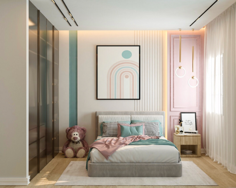 Mẫu trần thạch cao đơn giản cho phòng ngủ thiết kế theo phong cách hiện đại, với gam màu ngọt ngào, đầy nữ tính