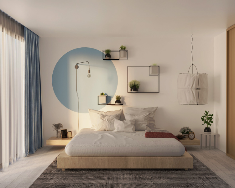 Một mẫu trần thạch cao tối giản, màu trắng, không họa tiết , không cầu kỳ, rất phù hợp cho phòng ngủ thiết kế theo phong cách Scandinavian