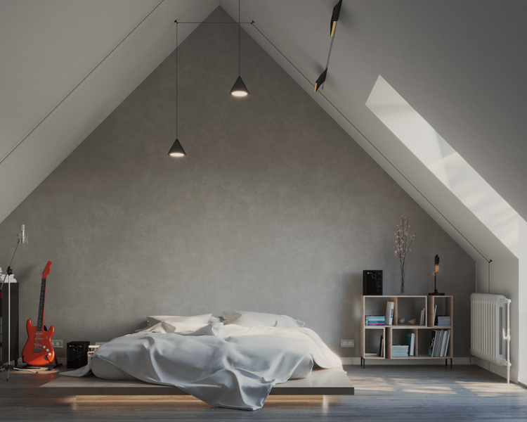 Mẫu trần thạch cao đơn giản cho phòng ngủ gác mái, được sơn màu xám cùng tông với màu tường tạo nên tổng thể hài hòa