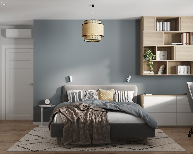 Phòng ngủ cho nam được thiết kế với phong cách đơn giản, phối trần thạch cao trơn, nổi bật chính giữa là chiếc đèn thả trần hình trụ với chất liệu gỗ thiên nhiên