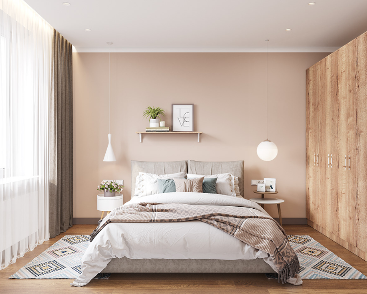 Phòng ngủ mang phong cách Scandinavia, chỉ cần phối trần thạch cao một màu tối giản đã làm cho không gian phòng ngủ 12m2 trở nên tươi sáng, tràn đầy năng lượng