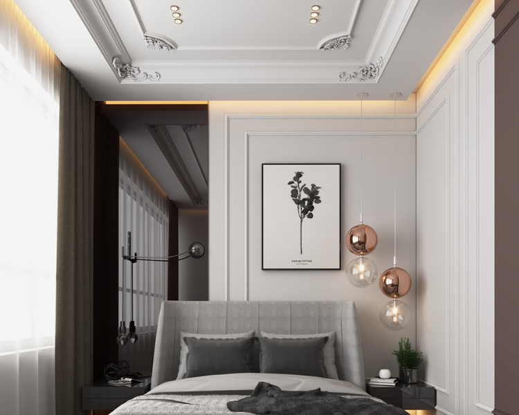 Mẫu trần thạch cao tân cổ điển được trang trí phào chỉ họa tiết tinh tế tạo điểm nhấn độc đáo cho phòng ngủ nhỏ