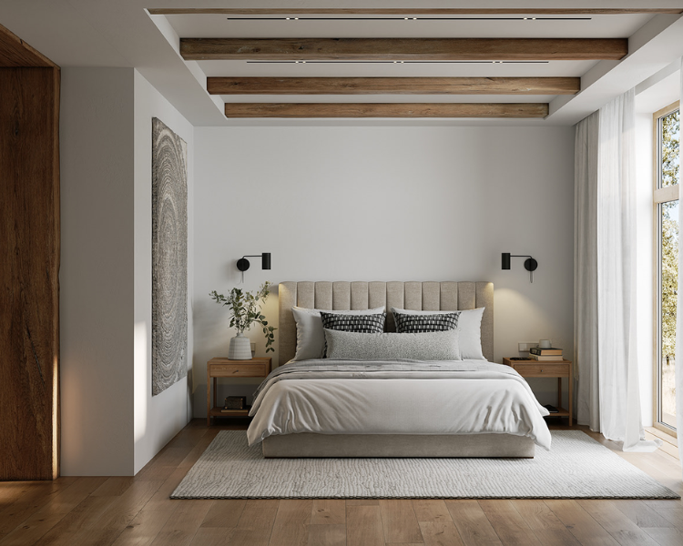 Mẫu trần thạch cao trắng trơn đơn giản, đan xen với các thanh gỗ ngang là ý tưởng thiết kế cho phòng ngủ có không gian quá rộng mà vẫn có điểm nhấn ấn tượng
