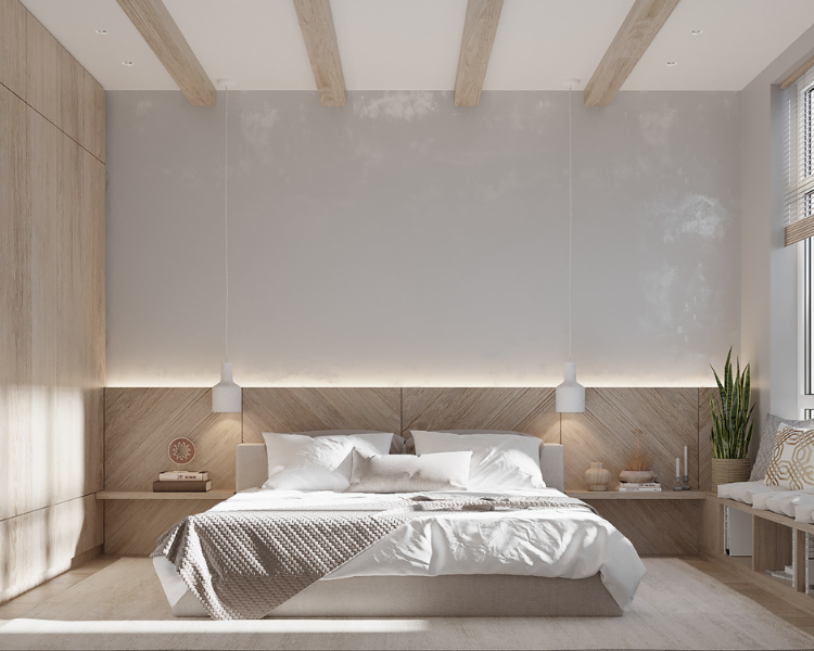 Phòng ngủ 20m2 được thiết kế đơn giản với nội thất tông gỗ sáng chủ đạo. Trần thạch cao được sơn màu trắng, phối với những thanh gỗ dài cùng concept, tạo nên sự hài hòa cho tổng thể phòng ngủ