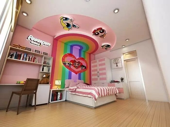 trần thạch cao phòng ngủ cho trẻ em với powerpuff girl