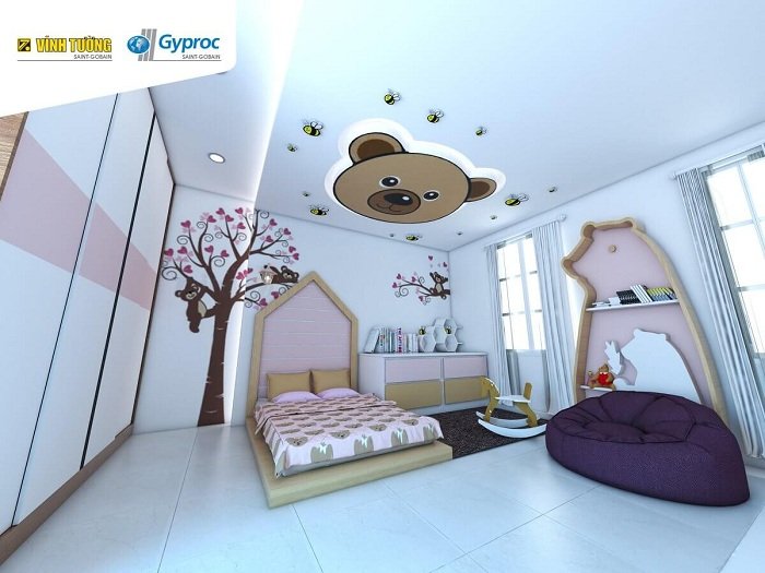 trần thạch cao phòng ngủ cho trẻ em với chú gấu dễ thương