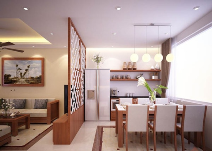  Vách ngăn gỗ được sử dụng phổ biến để ngăn cách phòng khách với nhà bếp.